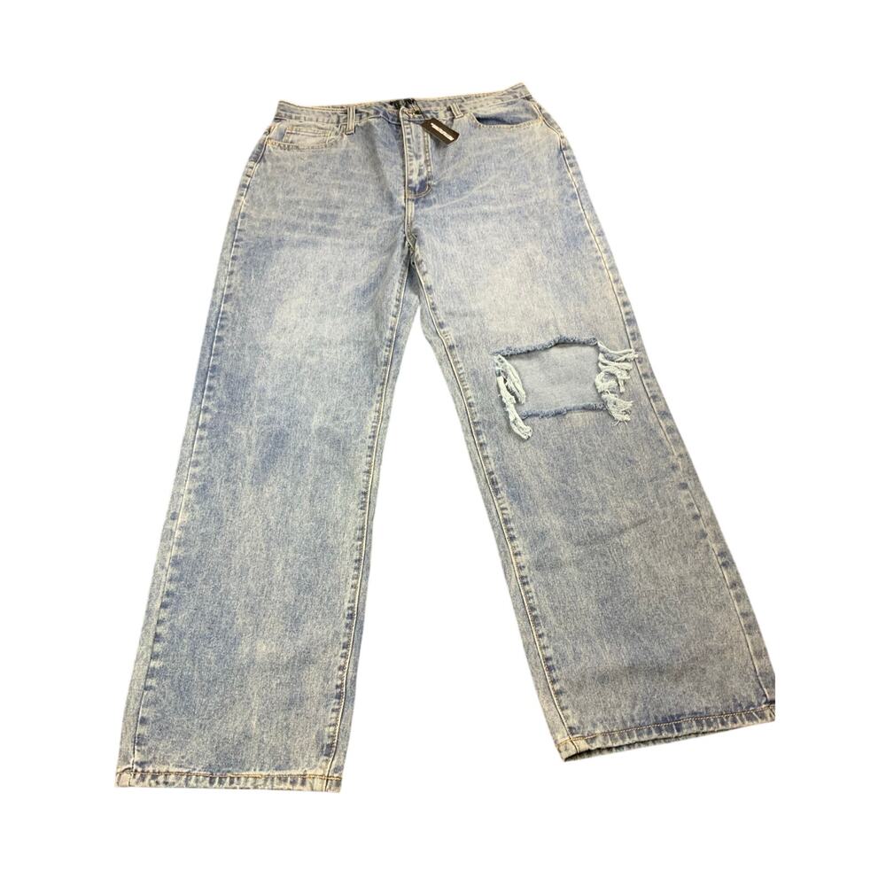 PrettyLittleThing Plus Wide Leg Jeans Light Wash Distressed NWT US 14 comfy